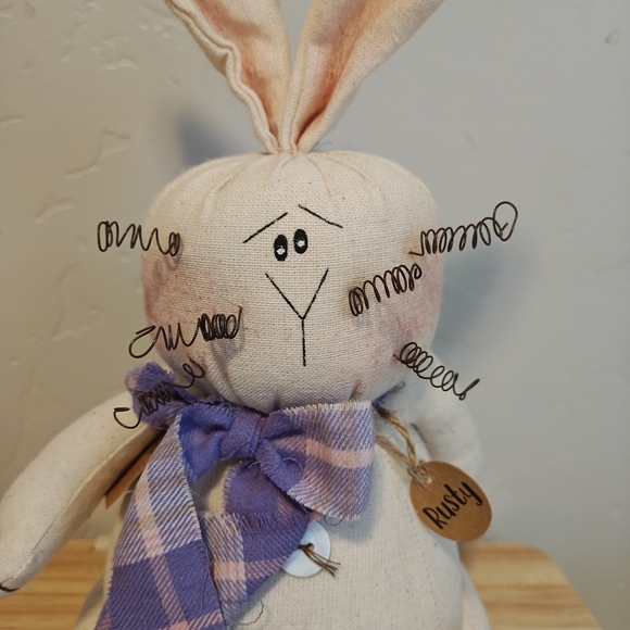 Honey And Me Handmade Cream Bunny Plush with Purple Plaid Bow "Rusty" - Picture 2 of 6
